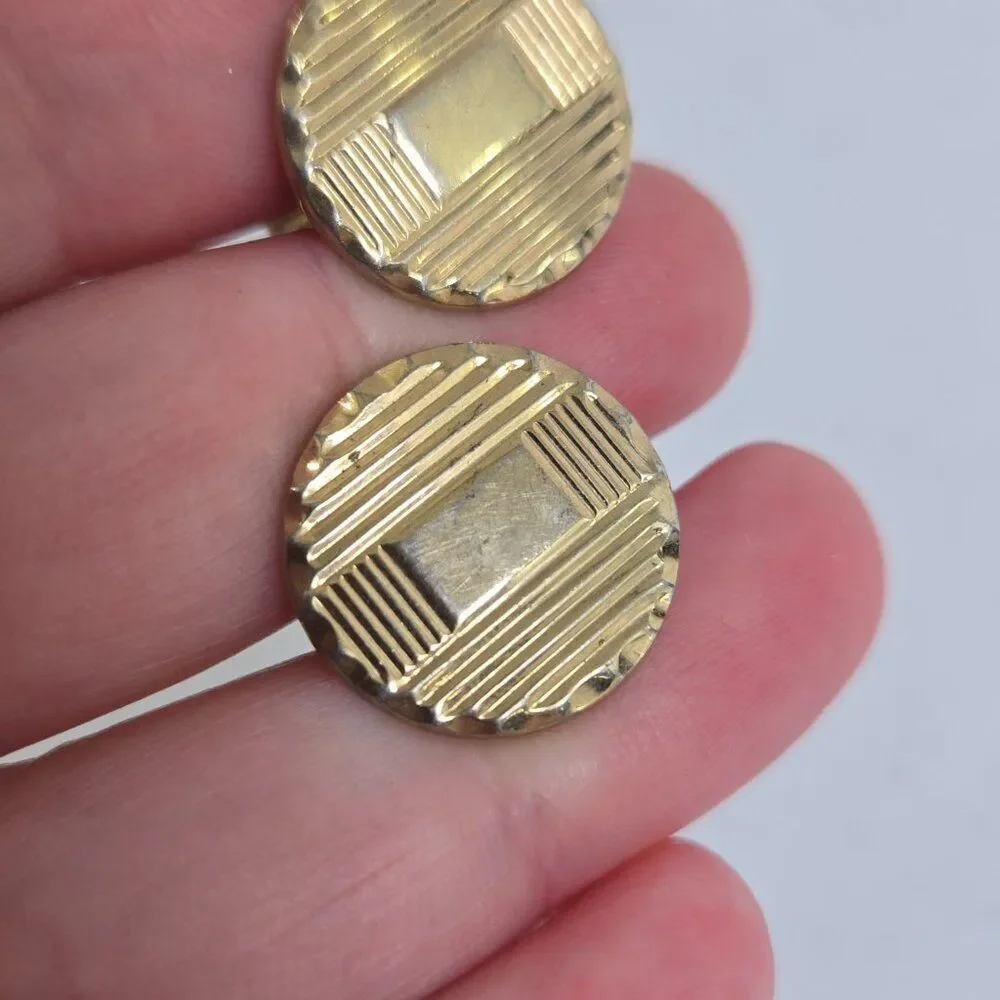 Cufflinks Gold Tone Vintage MCM Geometric Circle Stripe Art Deco Style